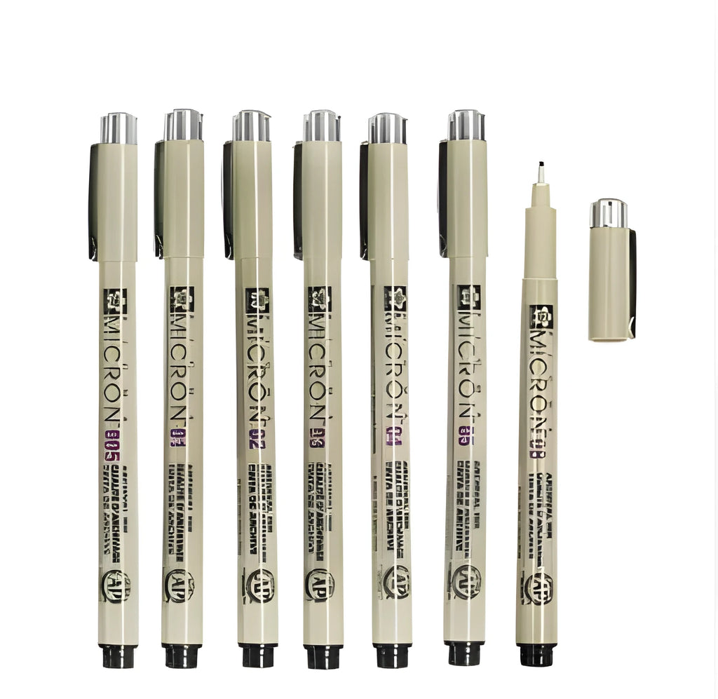 Pack of 7 Sakura Pigma Micron needle sketch pens with assorted nib sizes 0.2mm to 0.5mm on white background
