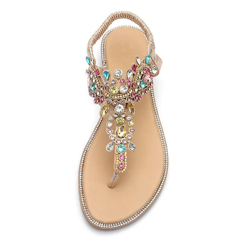 Gold low heel sandals with colourful diamond embellishments TPR sole open toe