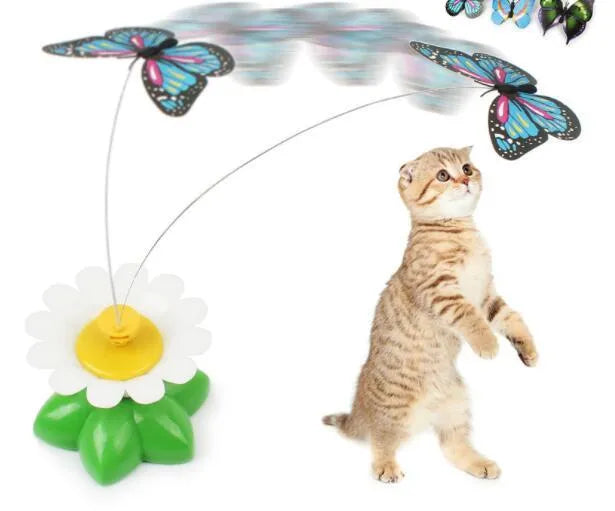 Electric automatic rotating white flower with green leaves and colourful butterfly on 21cm steel wire