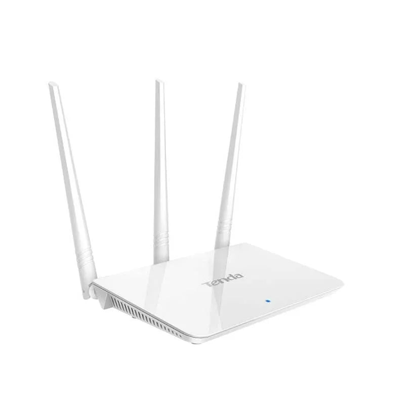 White rectangular dual-band wireless router with status LEDs, shown on a wooden surface.