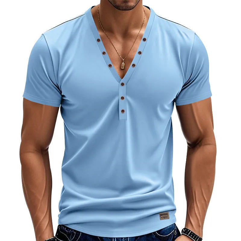 Men's loose V-neck T-shirt with button detailing in Chemical Fibre blend fabric