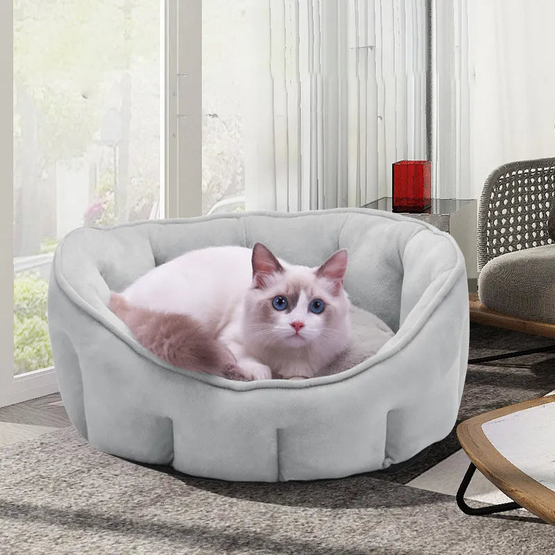 Grey plush cat kennel mat with integrated hammock and raised house structure