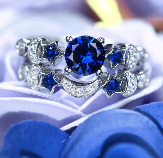 New creative moon ring for women with blue gemstone inlay, available in sizes 6 to 10