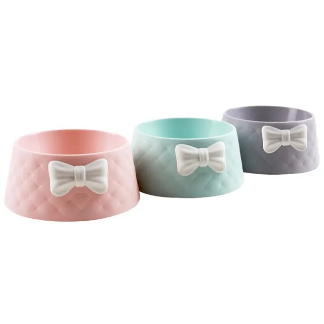 PP plastic pet bowl with bow and animal face design in pink, green, or grey colour options