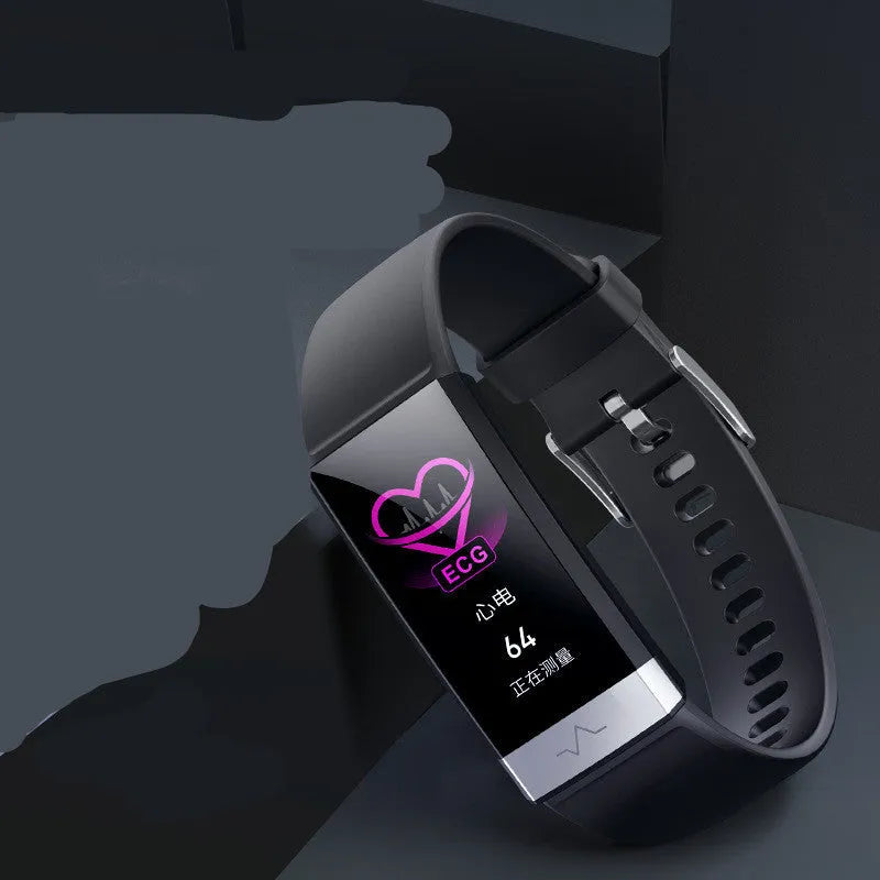 V19 smart fitness bracelet in black, blue, or red with a display showing health metrics.