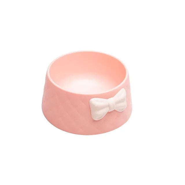 PP plastic pet bowl with bow and animal face design in pink, green, or grey colour options