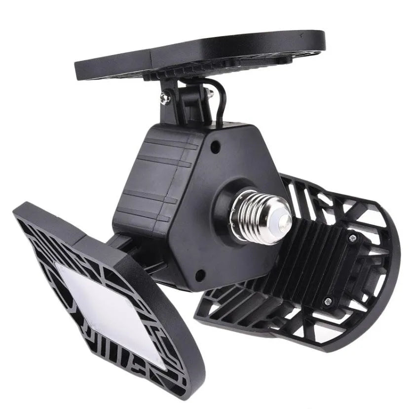 60W 6000 lumen deformable garage light with three adjustable heads, aluminium housing, E27 connector
