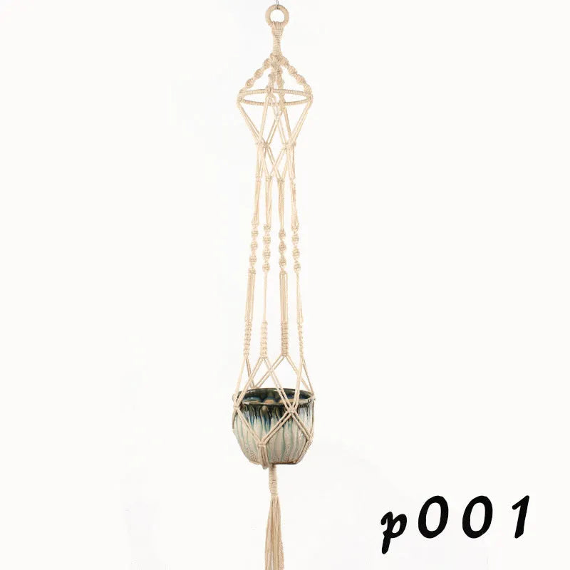 Woven cotton rope macrame plant hanger in a village style, shown as a desktop and wall-mounted planter.