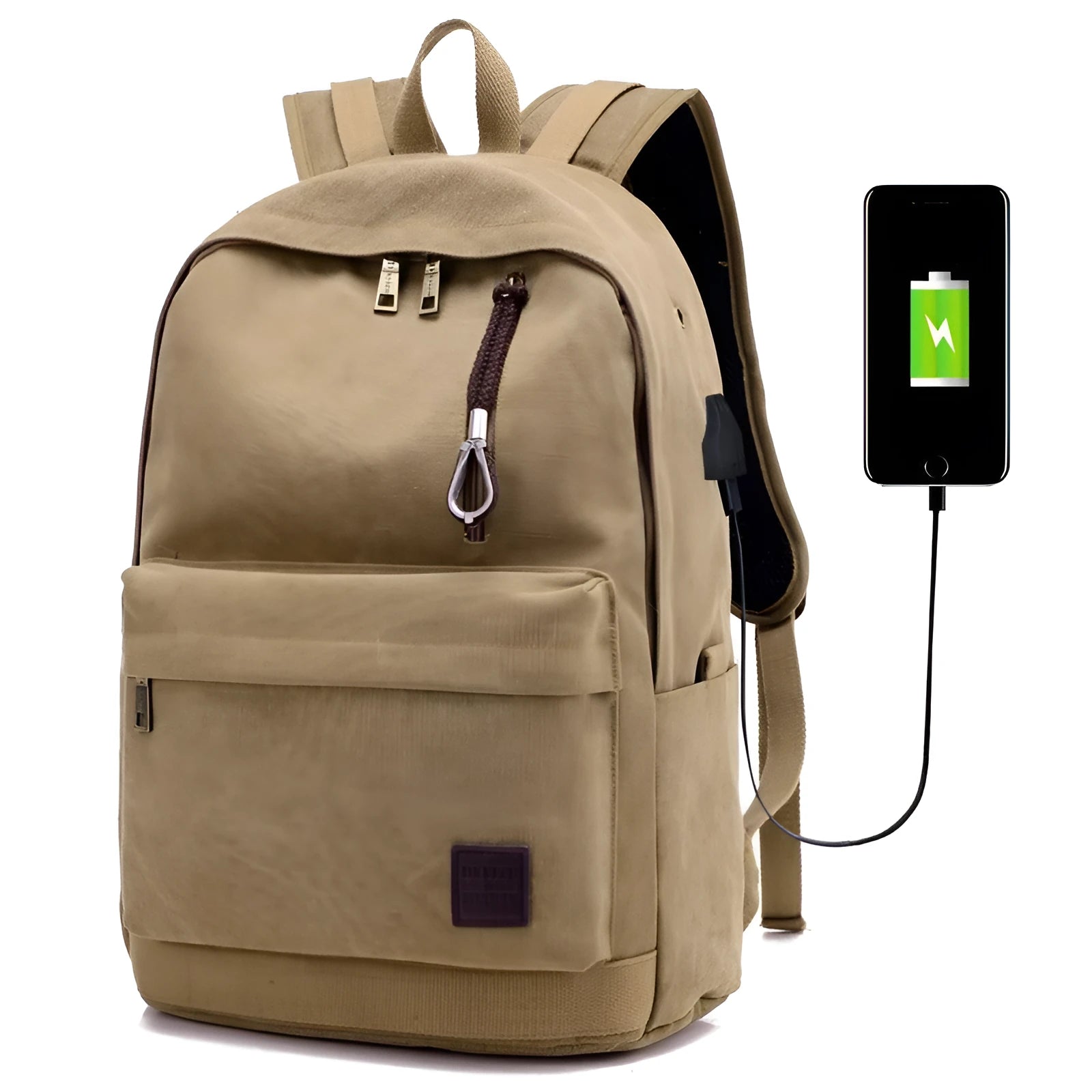 Canvas backpack with USB charging port shown in grey colour, featuring multiple pockets and straps.