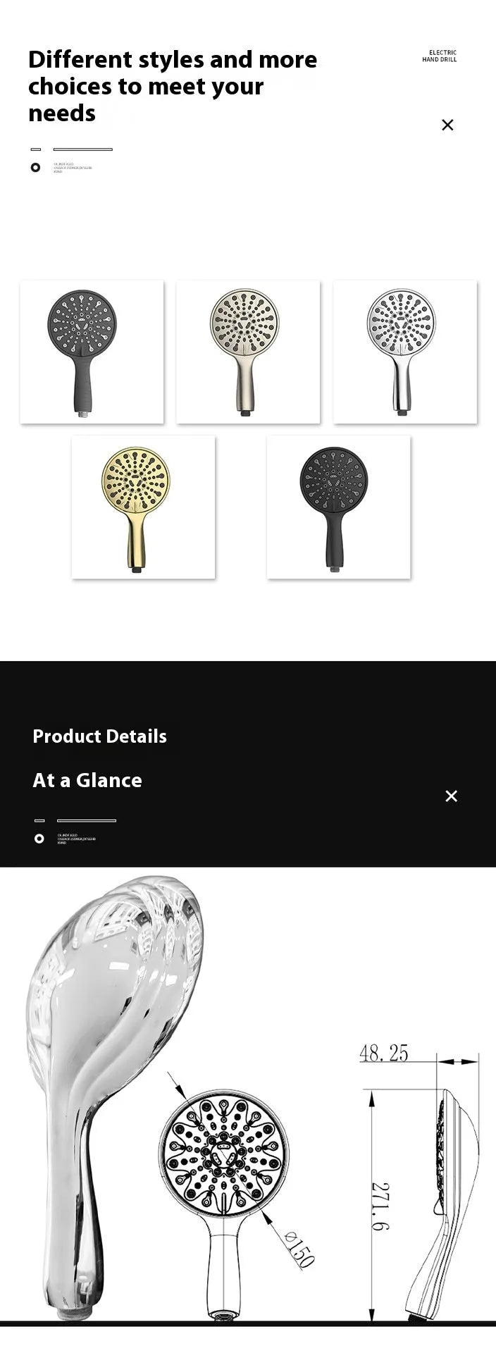 Six-function handheld shower head with electroplated finish and 6-inch diameter face.