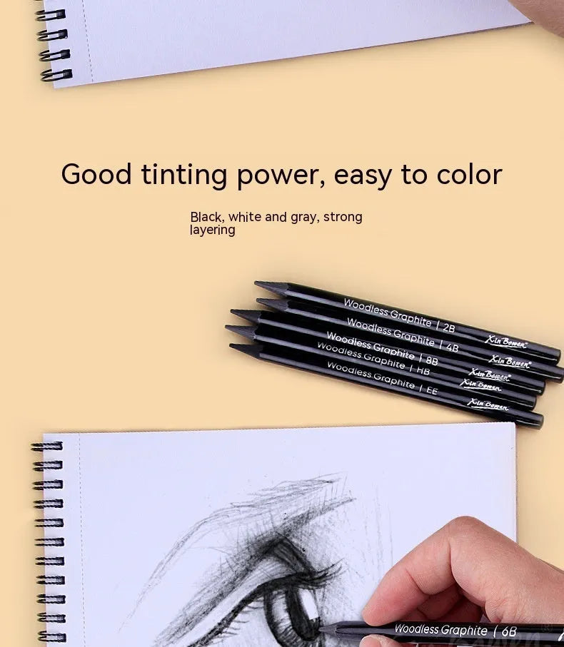 Set of six wood-free graphite sketching pencils in grades HB, 2B, 4B, 6B, 8B, and EE for art drawing.