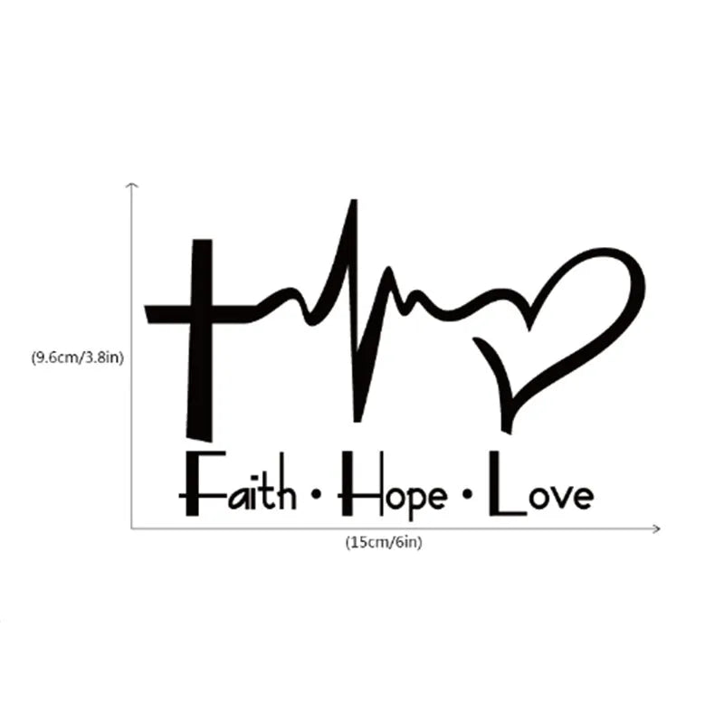 Faith hope love plus wall sticker in black PVC decal 14.6x9cm on a light wall