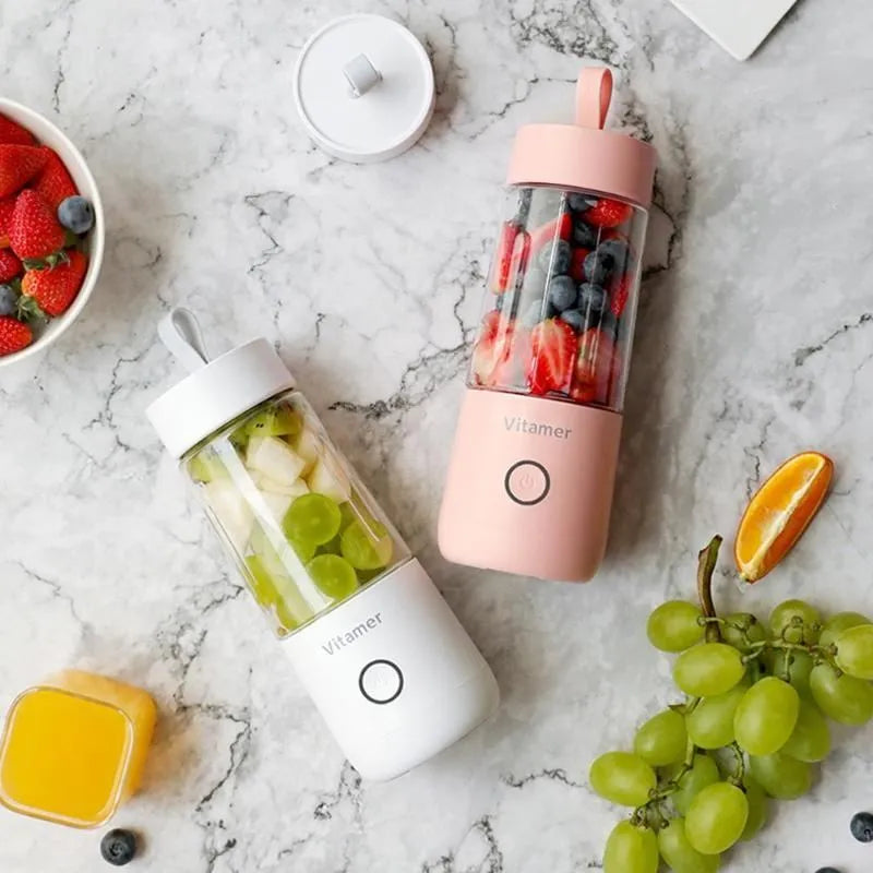 White portable USB blender bottle with 350ml Tritan cup and silicone lifting ring
