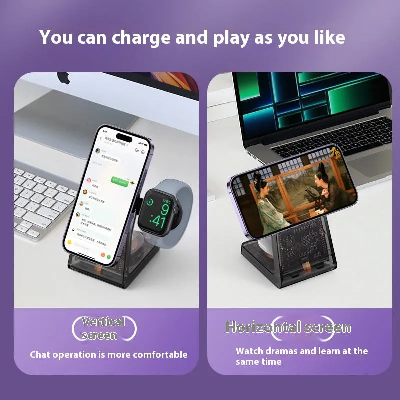 Transparent three-in-one wireless charger with magnetic stand and Type-C port charging a phone, watch, and earbuds