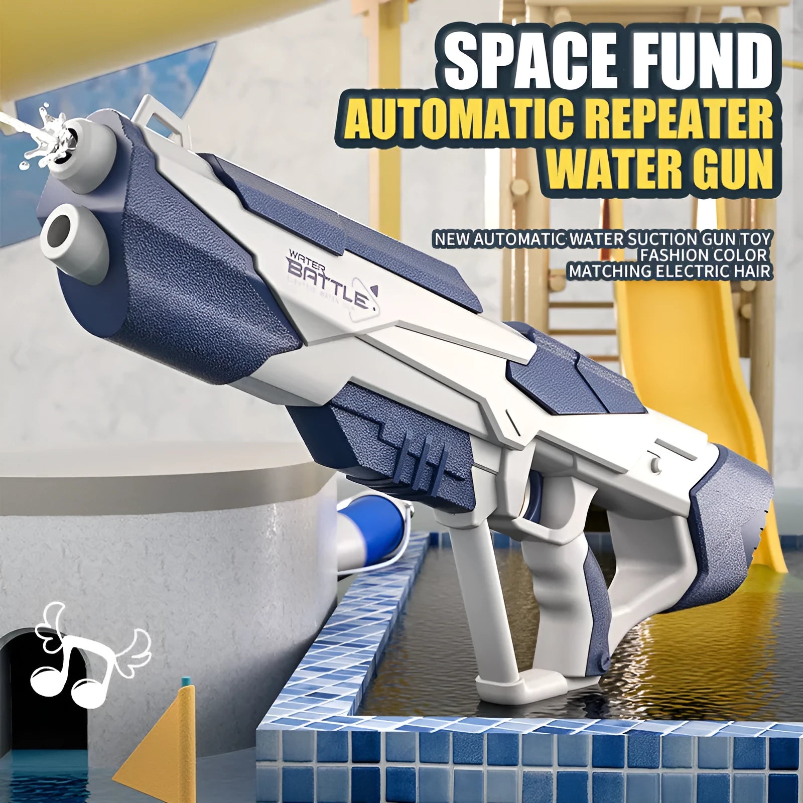 Blue electric water gun with USB charging port and water reservoir