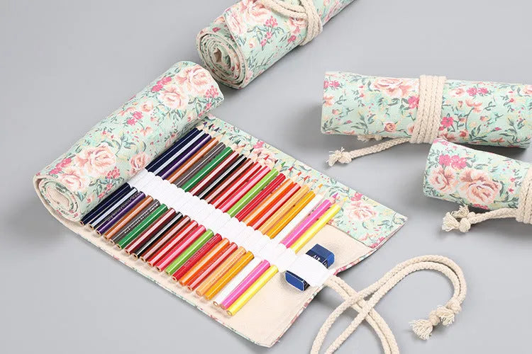 Canvas pencil wrap roll up case with elastic bands showing multiple slots for pens and pencils