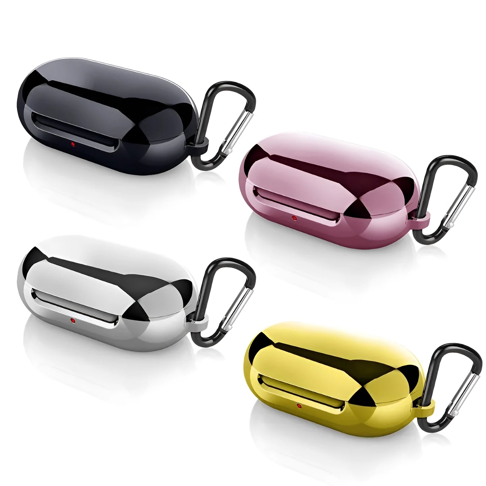 Samsung Galaxy Buds silicone protective case in black, gold, pink and silver colour options.