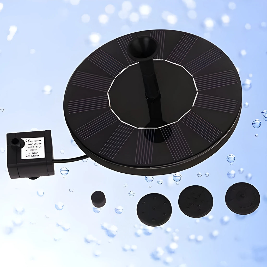 Round solar fountain pump with solar panel for garden ponds and bird baths