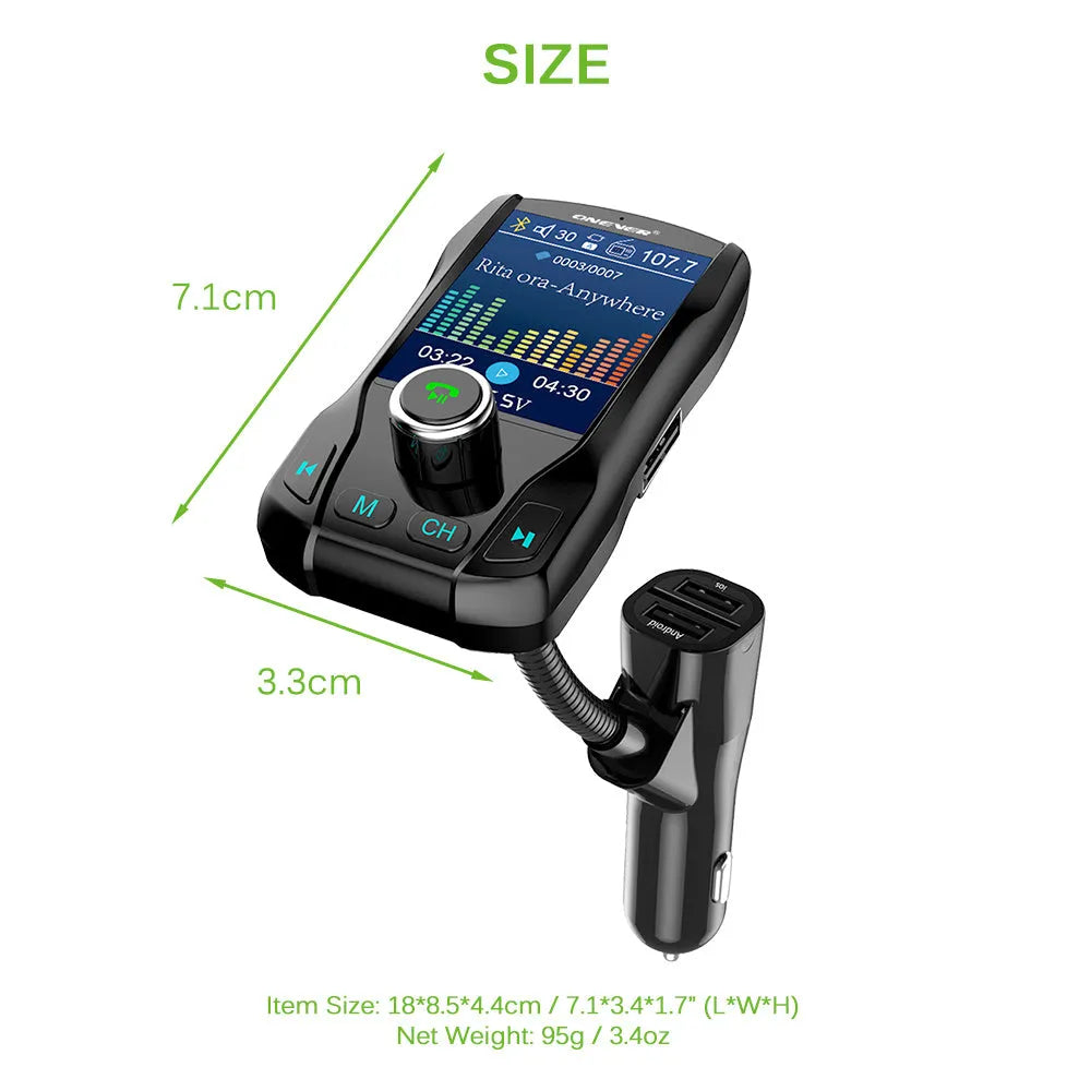 Black in-car Bluetooth FM transmitter with colour screen showing voltage, plugged into a car power socket.