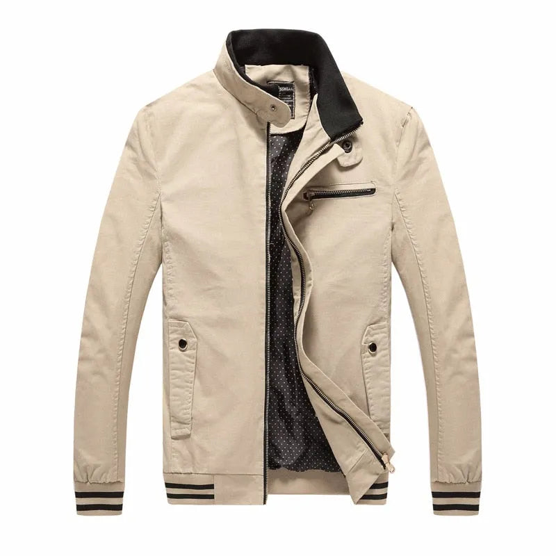 Men's casual jacket in washed pure cotton, four pockets, band collar, Khaki colour, front view size M