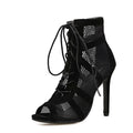 Black suede women's lace-up high heel shoes with an ankle strap, shown from the side on a white background.