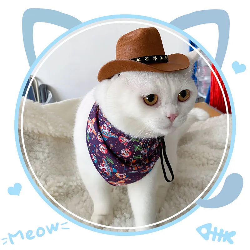 Brown British cowboy hat for a cat on a white background with a black ribbon trim.