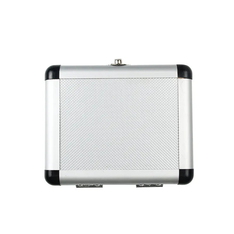Gold-colour aluminium sliding-lid storage box with steel plate mechanism, shown closed.