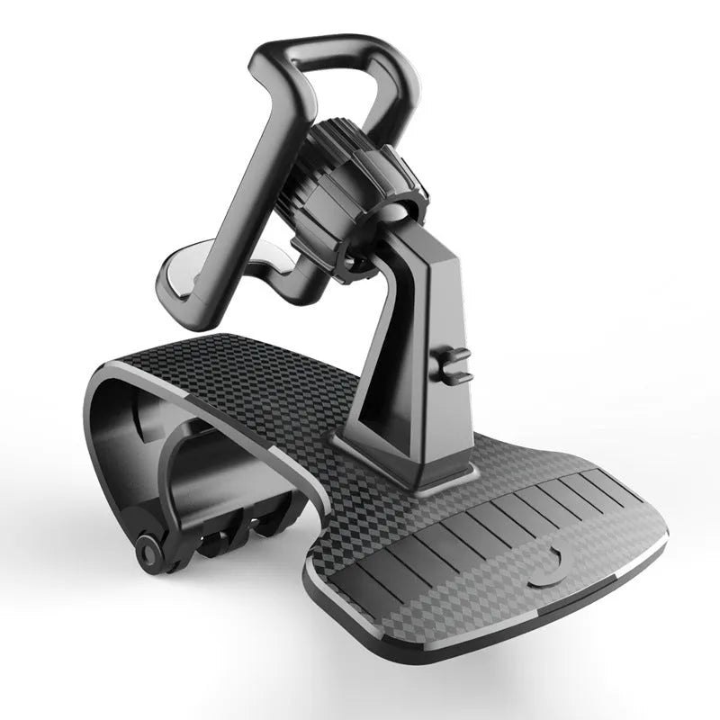 Black car phone stand with 360-degree rotating head and adjustable side grips for smartphones.