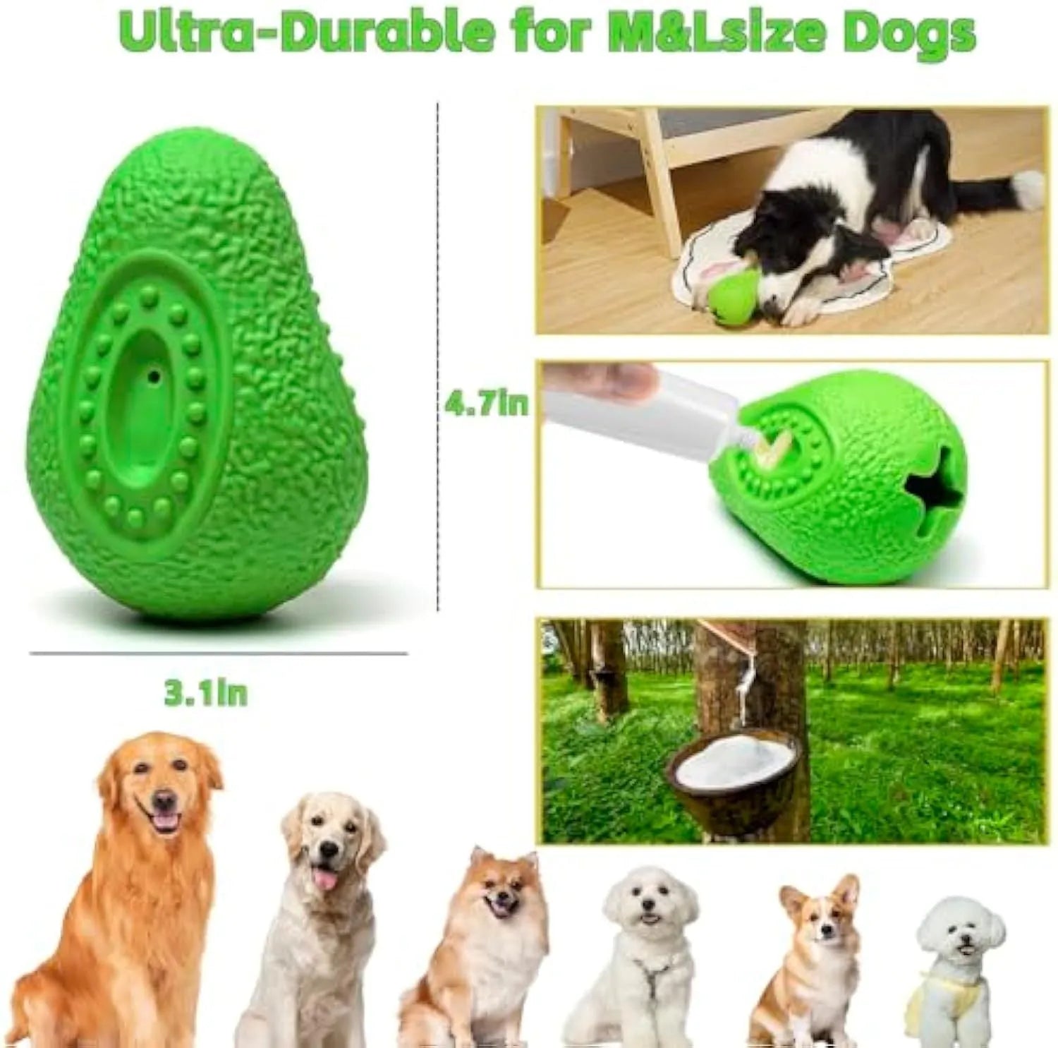 Green avocado-shaped heavy duty rubber dog chew toy for aggressive chewers on a white background.