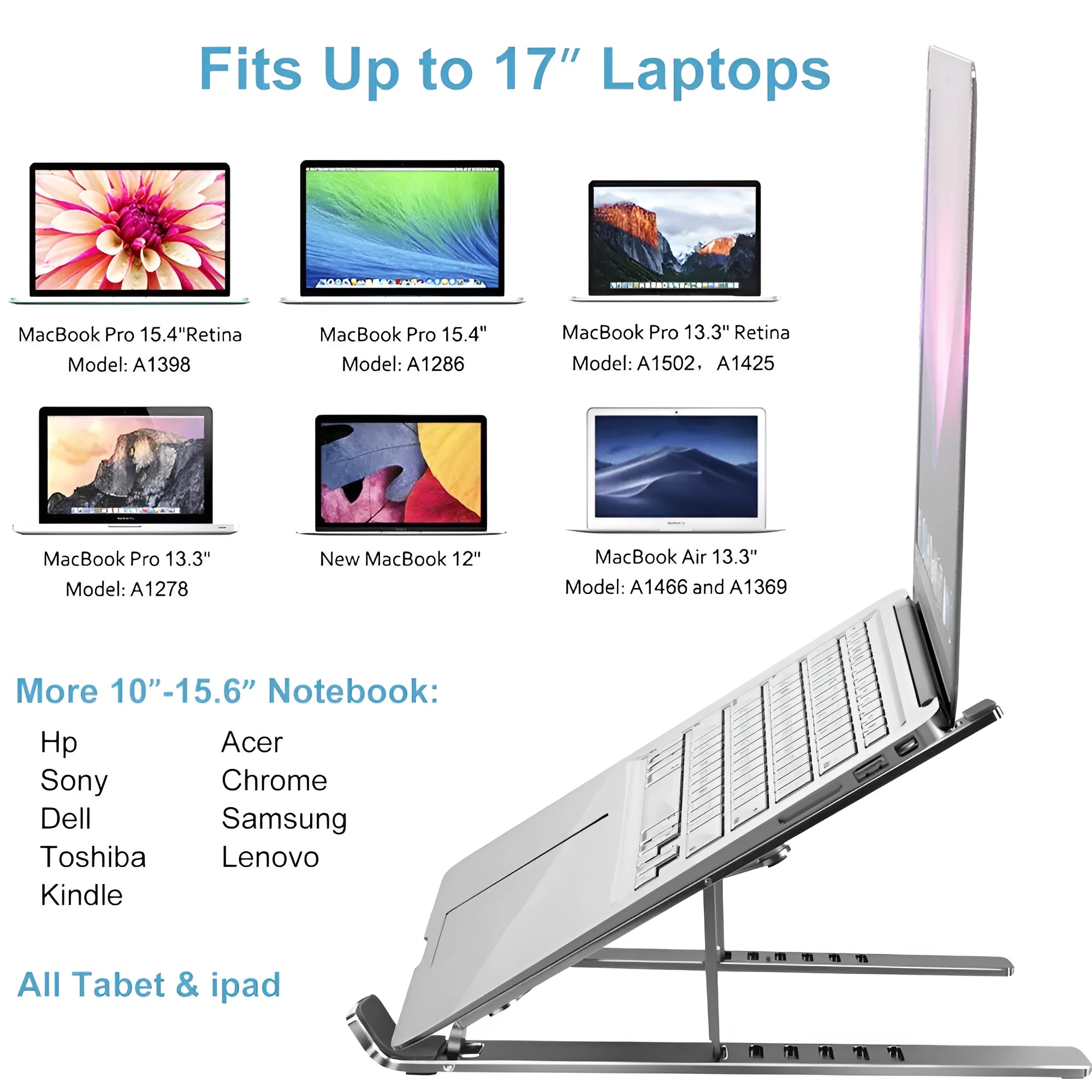 Aluminium laptop stand shown in silver colour with six height adjustment positions visible