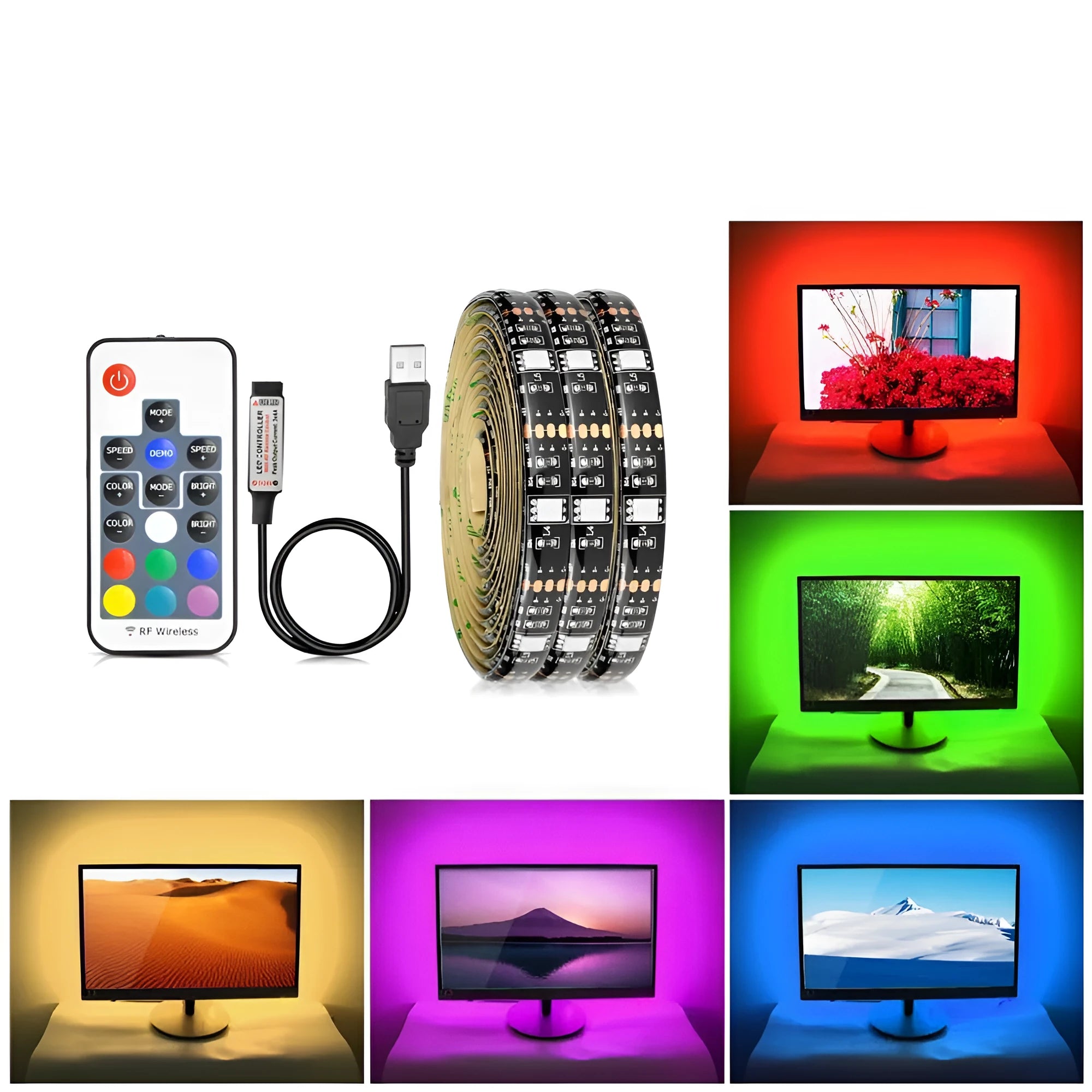Flexible LED strip light bent into a curve, showing individual LEDs and adhesive backing.