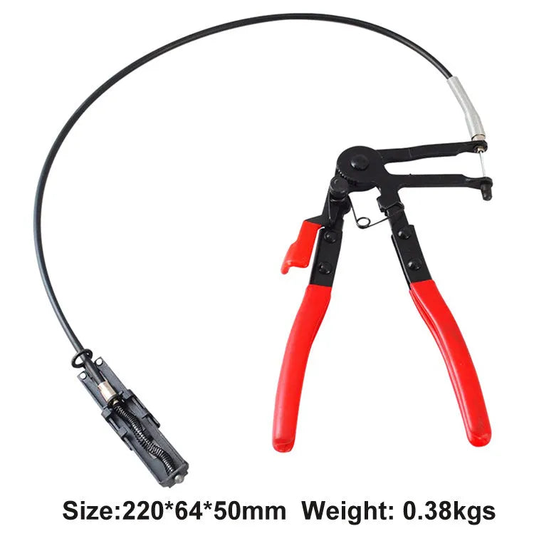 Red carbon steel flexible wire hose clamp measuring 390 by 190 by 35 mm on an isolated background