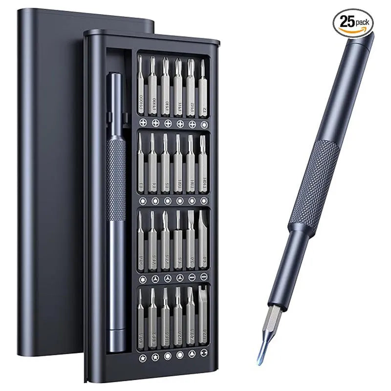 Compact 25-in-one magnetic screwdriver set with chrome vanadium steel bits and ABS handle.