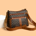 Brown women's large crossbody bag with stitching pattern on PU leather.