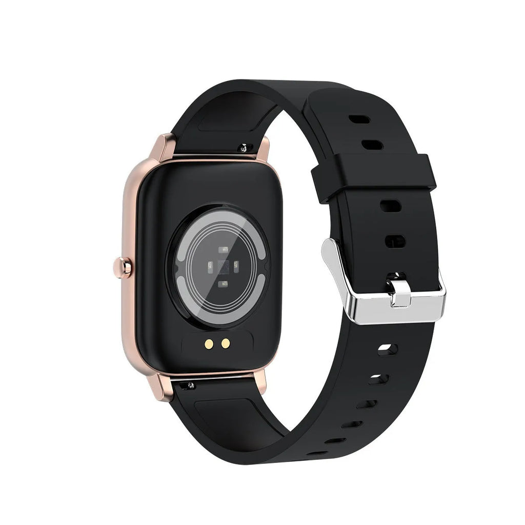 H80 black smart watch with spherical glass screen showing heart rate and time on a silicone strap