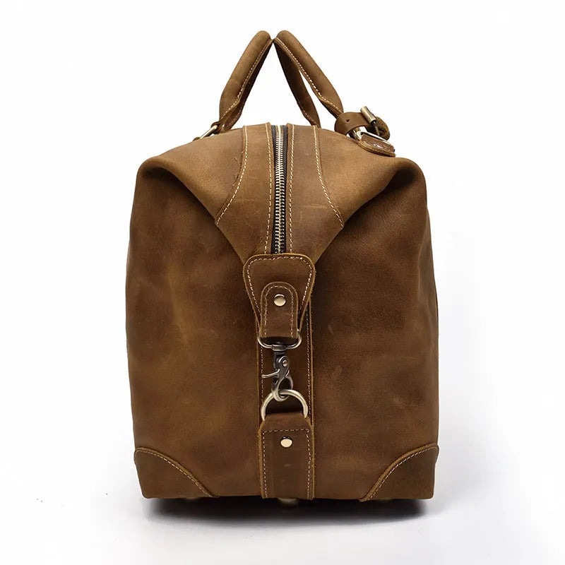 Crazy horse leather large capacity luggage bag in dark brown, 45cm length, with first layer cowhide construction