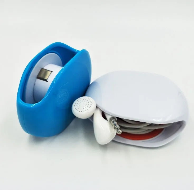 Automatic earphone cable winder unit in blue showing retracted cable, next to a black unit for size comparison.