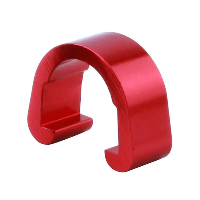 Ten small aluminium alloy C-shaped buckles in assorted colours on a white background.