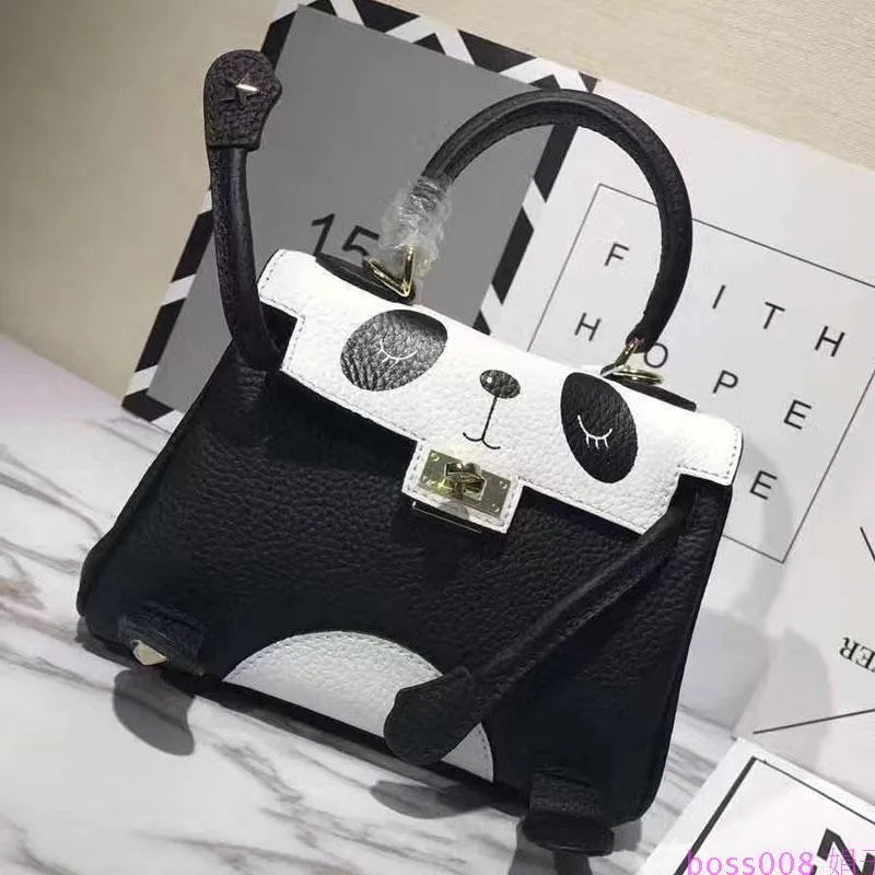 Panda print cow leather handbag in horizontal square shape, shown in two sizes on a neutral background.