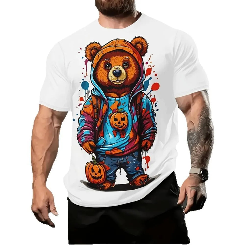 Men's casual short sleeve shirt with 3D cartoon print in milk silk fabric, loose fit for summer