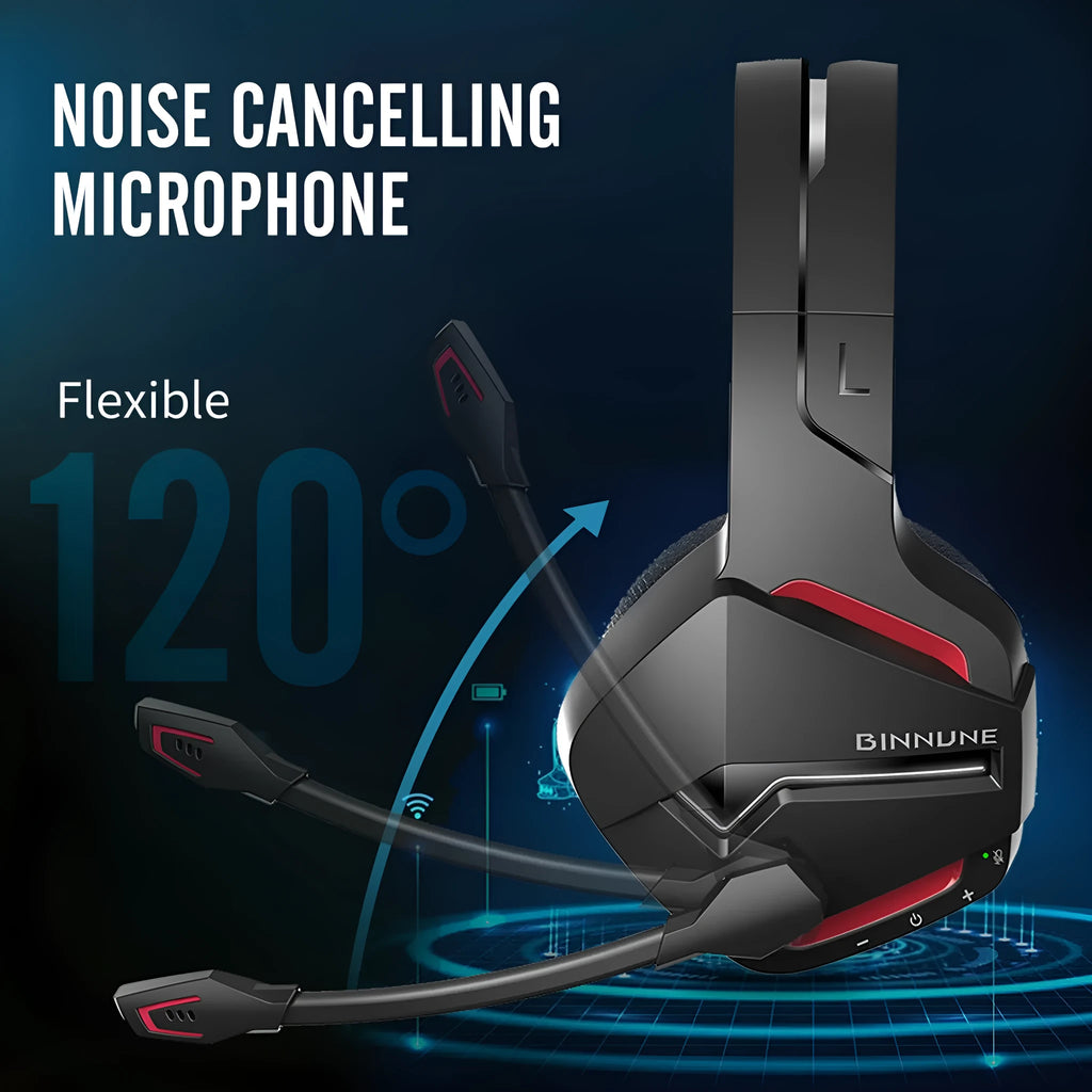 Wireless gaming headset with blue and black colour scheme, over-ear design, and built-in microphone