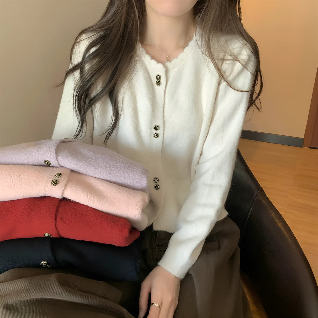 Women's long-sleeved acrylic cardigan coat in five colour options including milky white and black