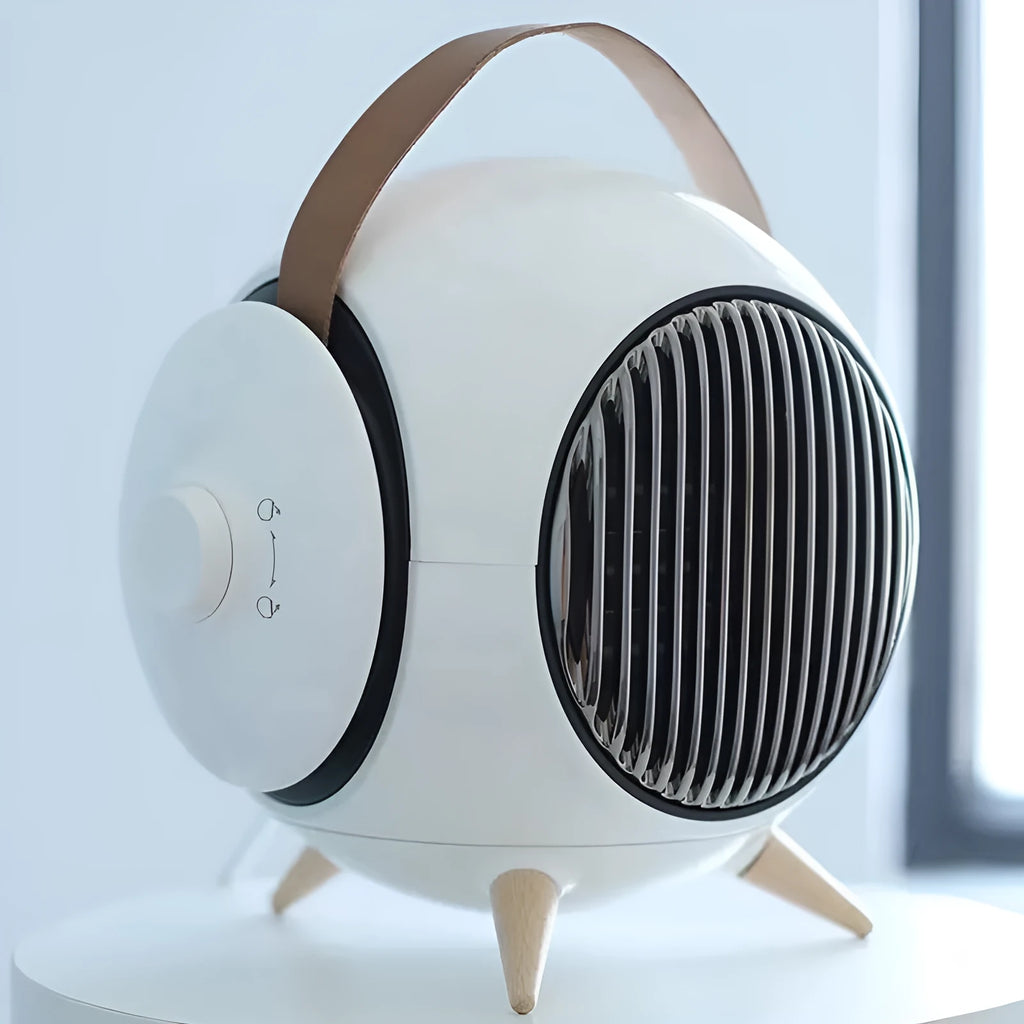 White household heater with forced air supply and shaking head on floor