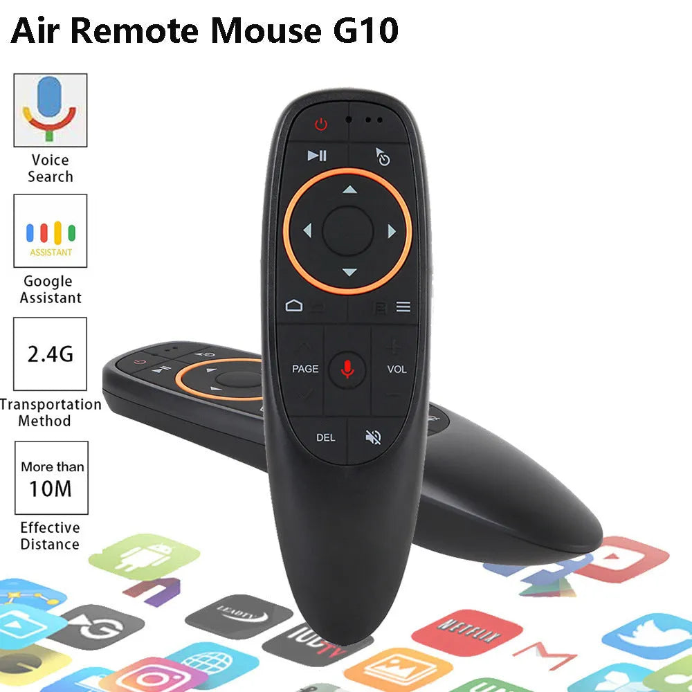 G10S Pro intelligent wireless remote control with silicone buttons, showing backlight and gyroscope for air mouse control.
