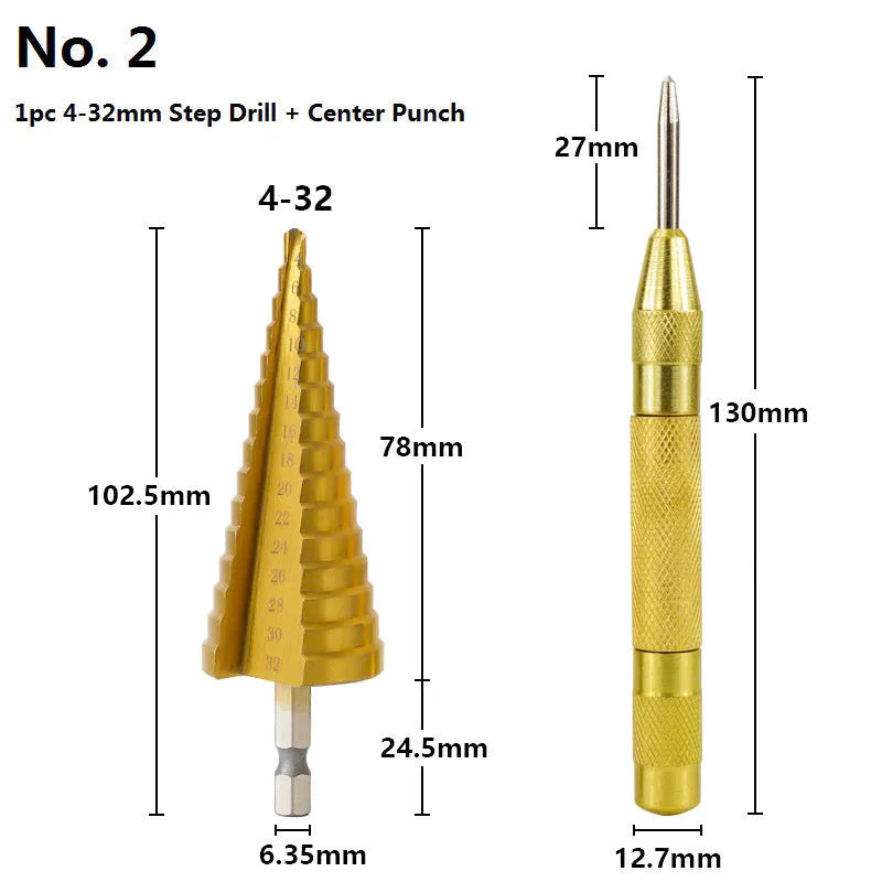 High speed steel cone step drill bit and centre punch set in six colour options for metalworking