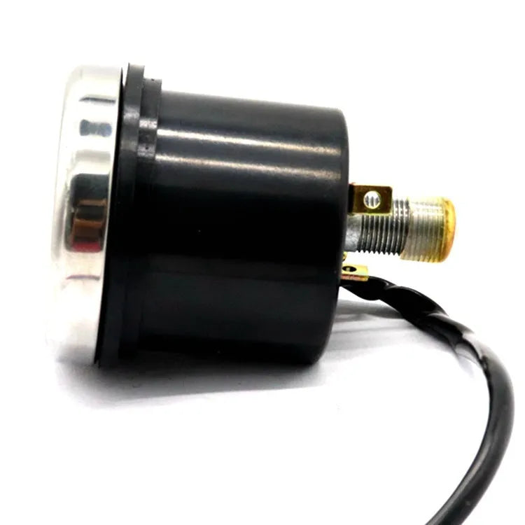 Round black electroplated iron motorcycle mechanical speedometer with dual km/h and MPH scales, 61.5mm diameter, 52mm mounting hole
