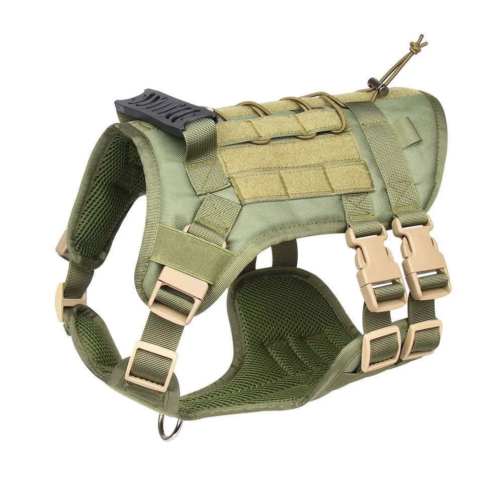 Black tactical dog harness made of Oxford cloth with chest ring and back D-ring on a plain background