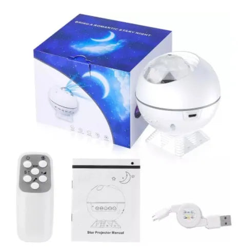 White spherical voice-controlled LED starry sky and galaxy projection lamp with USB cable.