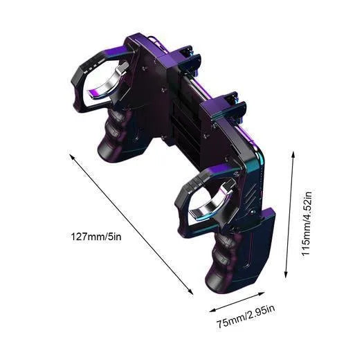 Black multi-function gamepad with zinc alloy trigger and phone holder for 4-6.5 inch smartphones.