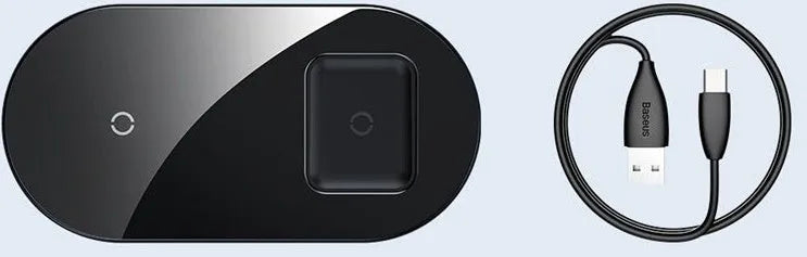 Two-in-one fast wireless charging pad with breathing light, aluminium and glass build, black colour, shown on desk
